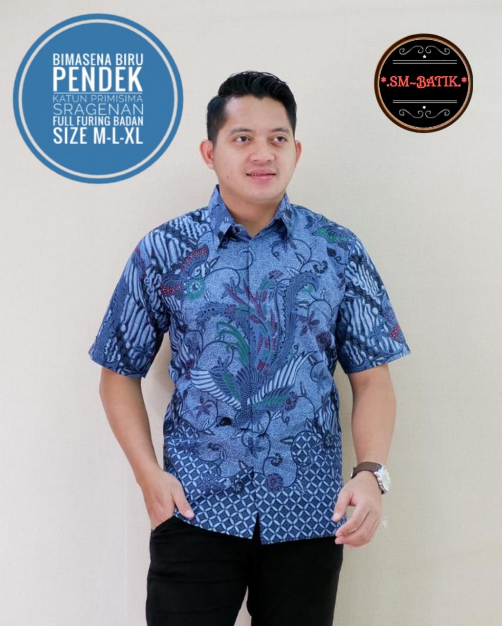 cover-BIMASENA BIRU Kemeja Batik Pria Solo Lengan Pendek Lapis Furing BY SM-1