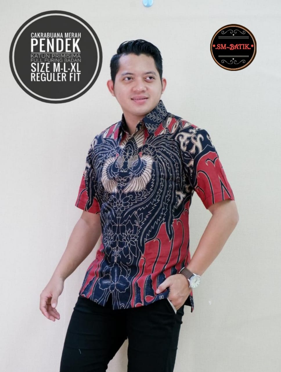 cover-CAKRABUANA MERAH 2 Kemeja Batik Pria Solo Lengan Pendek Lapis Furing BY SM-1