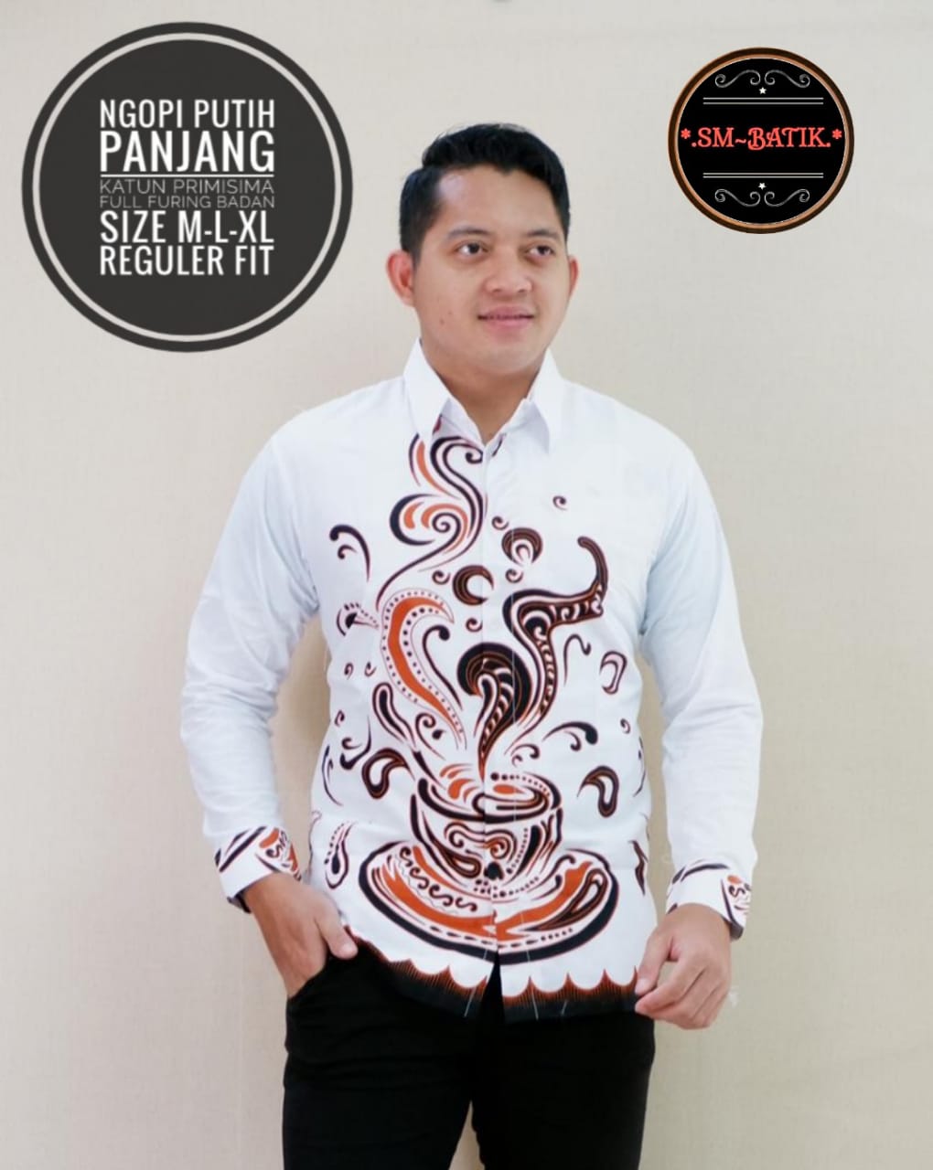 cover-NGOPI PUTIH Kemeja Batik Pria Solo Lengan Panjang Lapis Furing BY SM-1