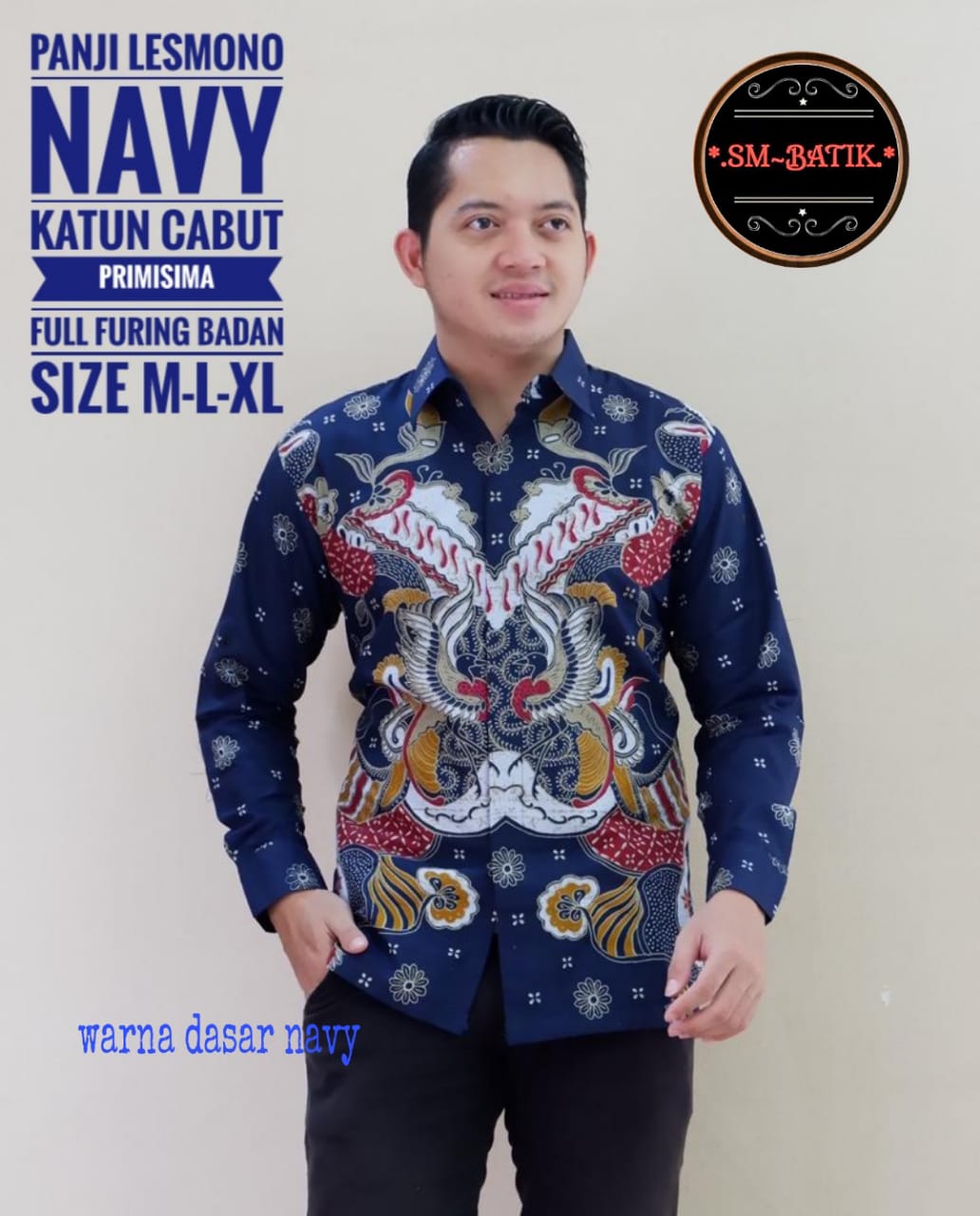 cover-PANJI LESMONO NAVY Kemeja Batik Pria Solo Lengan Panjang Lapis Furing BY SM-1