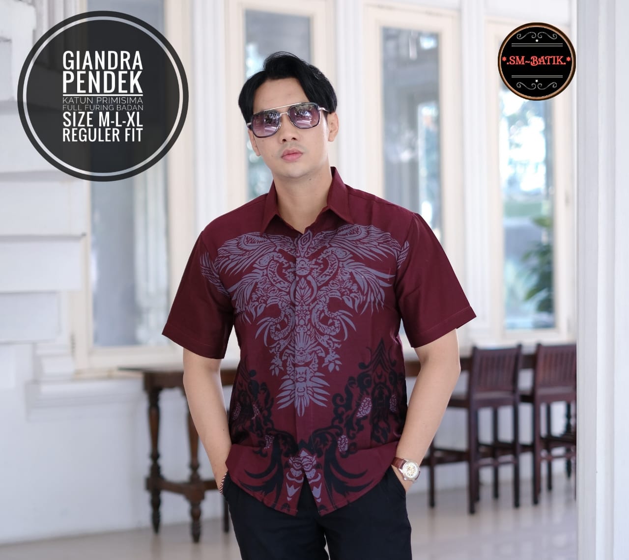 cover-GIANDRA MERAH Kemeja Batik Pria Solo Lengan Pendek Lapis Furing BY SM-1