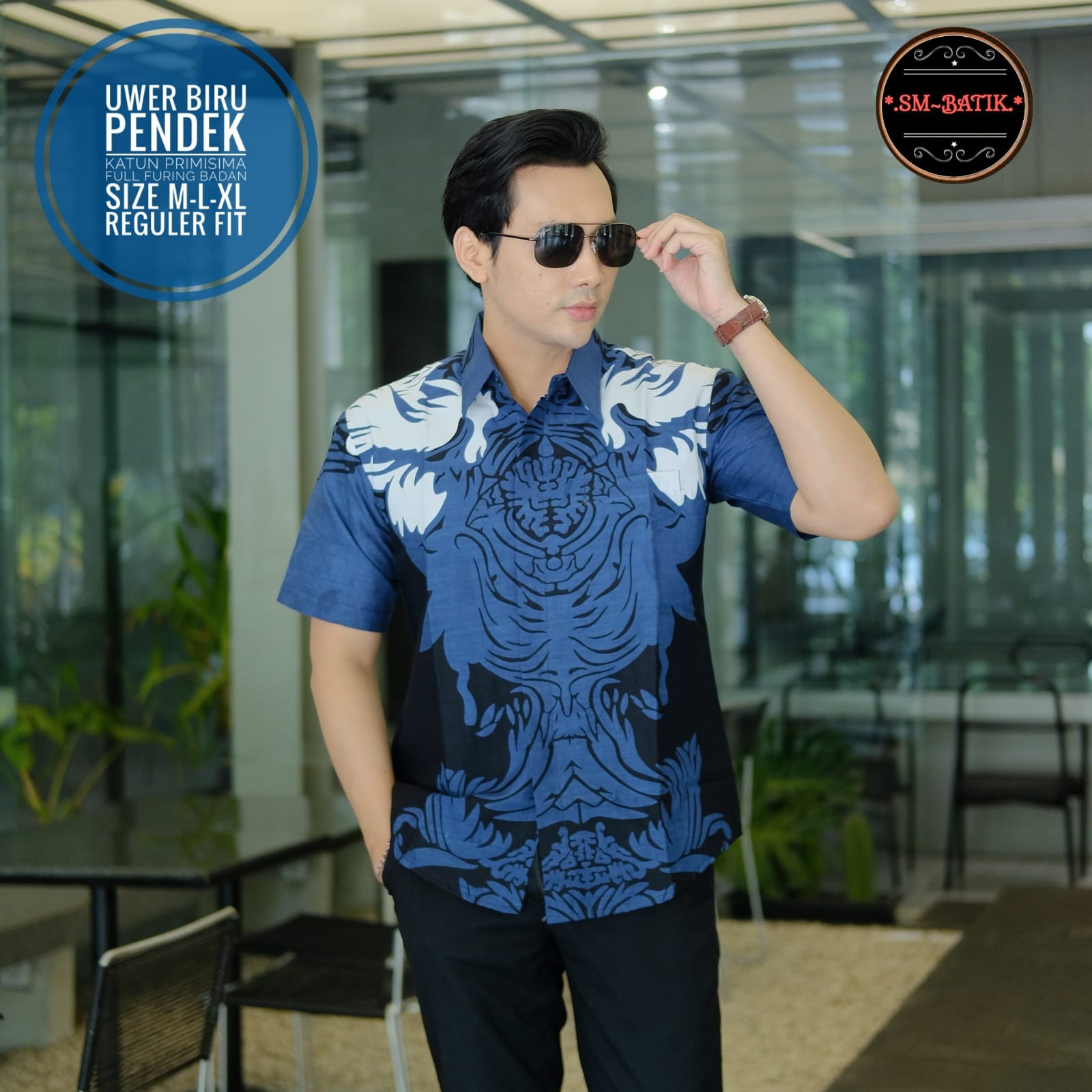 cover-UWER BIRU Kemeja Batik Pria Solo Lengan Pendek Lapis Furing BY SM-1
